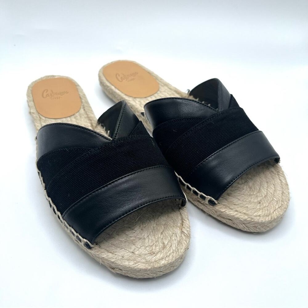 Castañer Pasi Black Leather Espadrille Slides Flat Sandals Size 5 Summer Chic